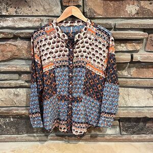 Free People Crepe Caravan Patchwork Mixed Print Button Down Top